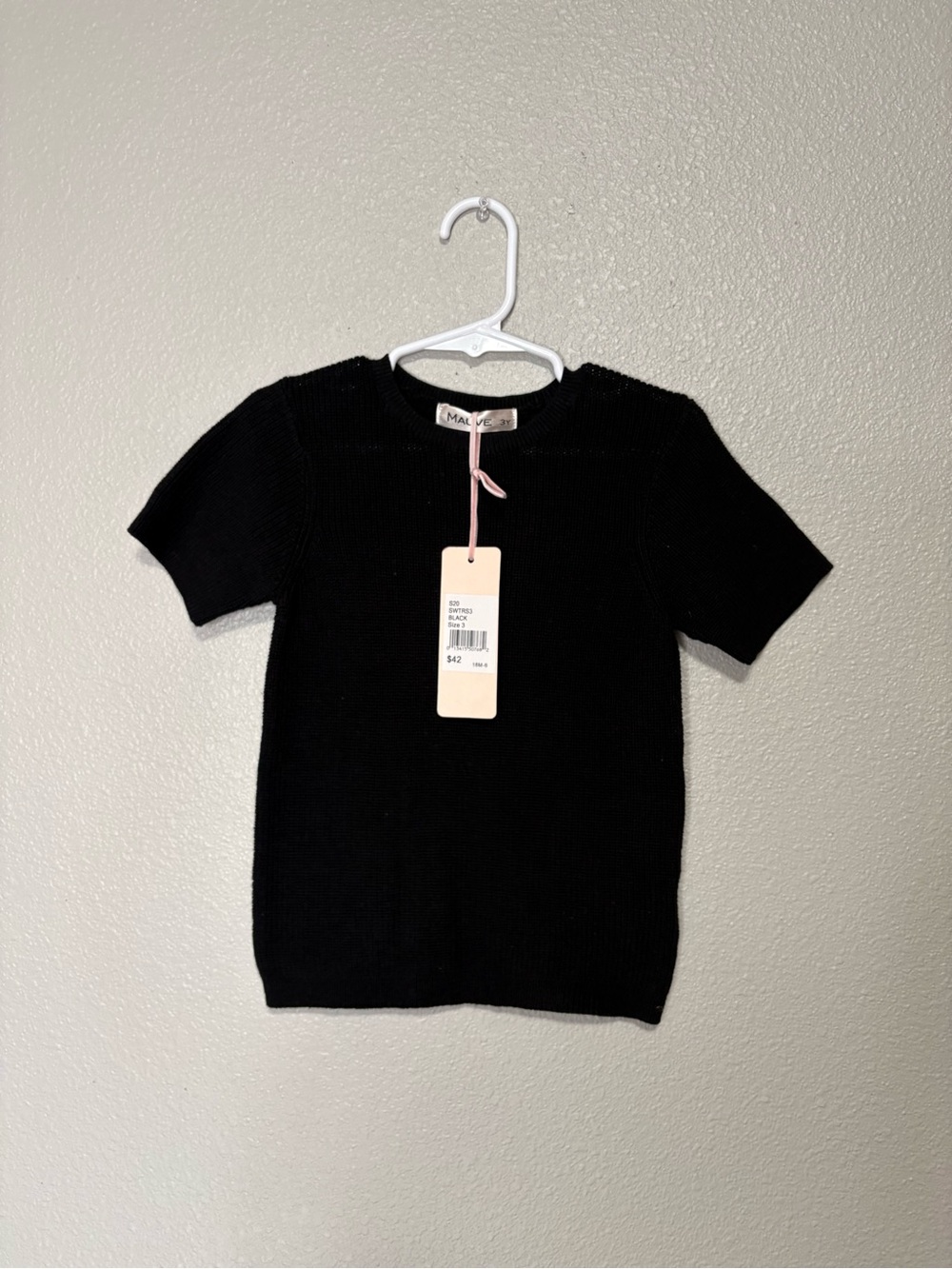 Mauve Black Ribbed Knit Sweater Top NWT 100% Cotton Short Sleeve Crew Neck Sz 3